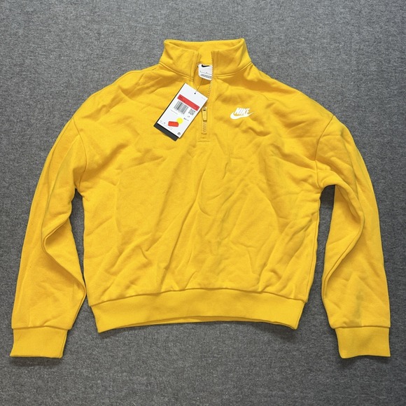 New Nike Sportswear Girls Club Fleece 1/2 Zip Top Sweater Crop Yellow Size Large - Picture 1 of 8